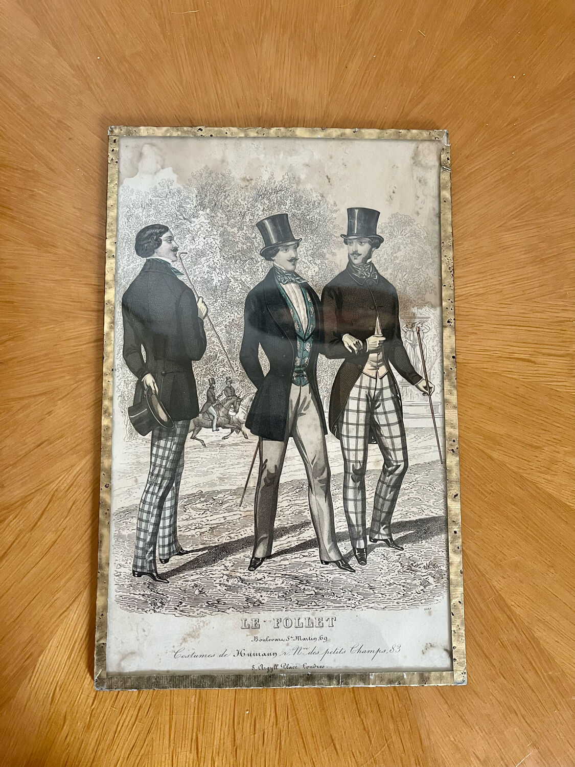 Antique print framed "Le Follet" men's suits