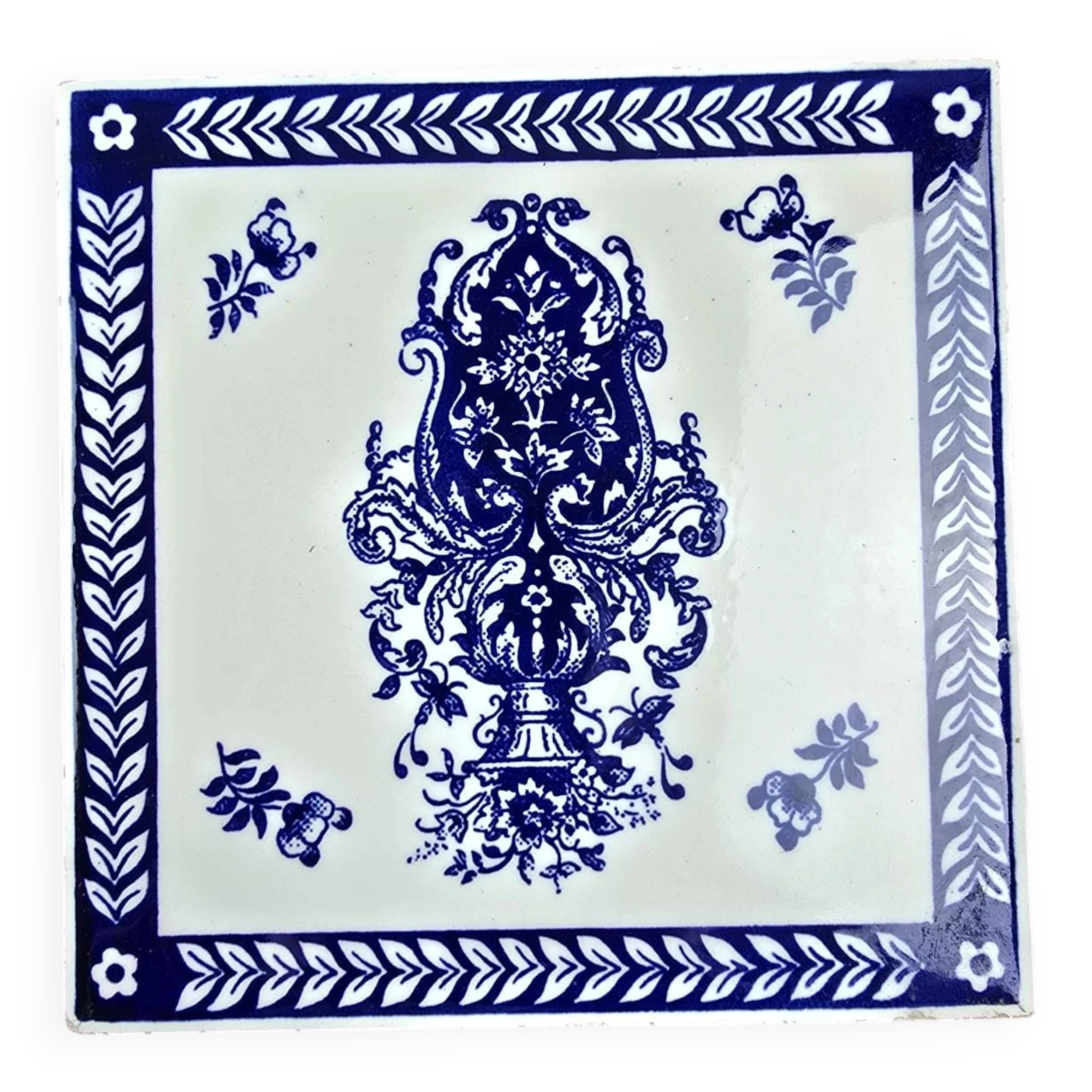 Large antique gien blue and white tile – vintage decorative earthenware 15x15 cm