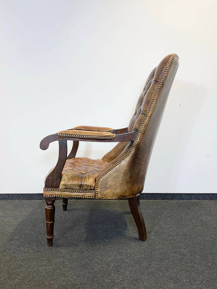 Antique Chesterfield Wing Chair with Stool and English Side Table