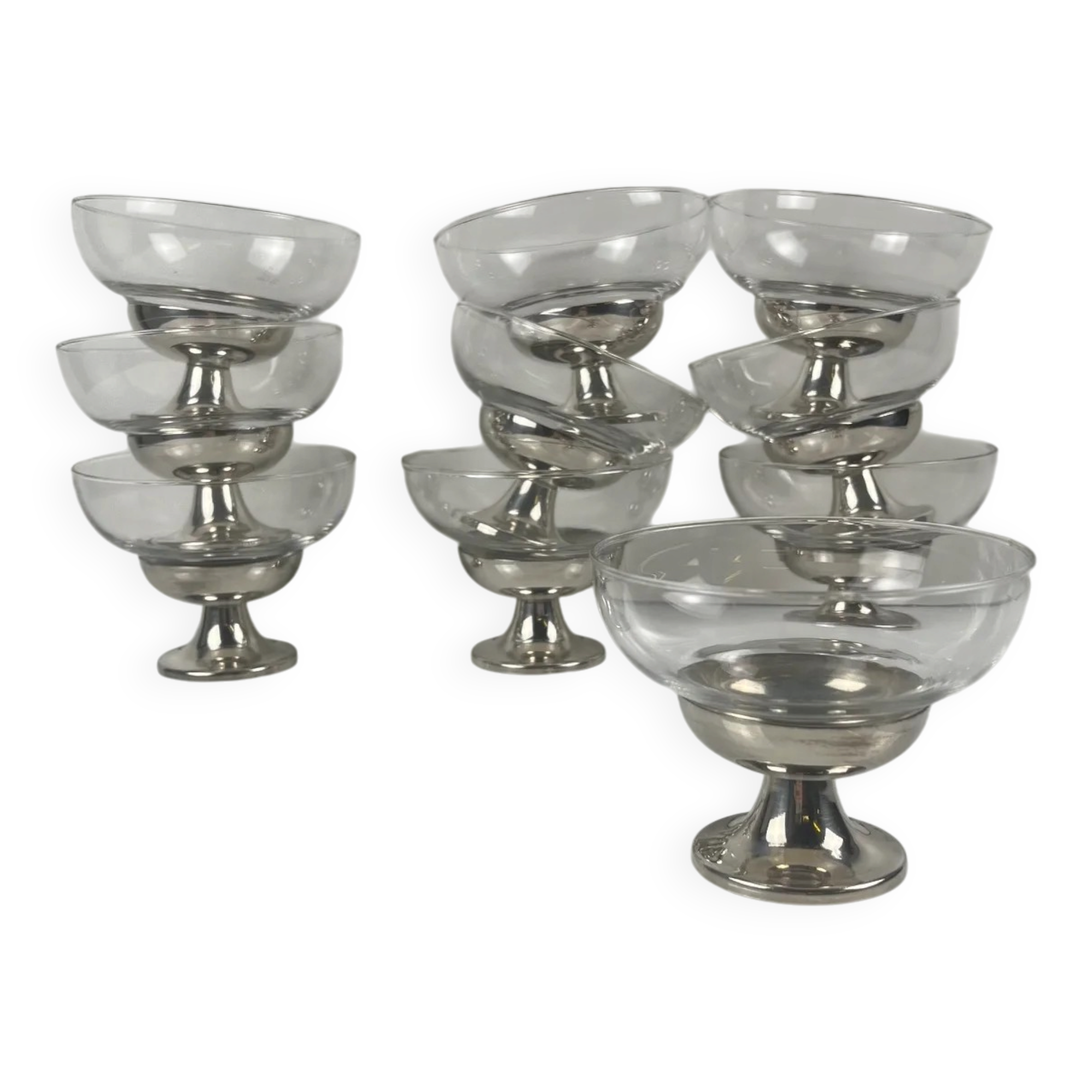 Set of 10 dessert / ice cream bowls, in glass and metal (silver?), 1970.