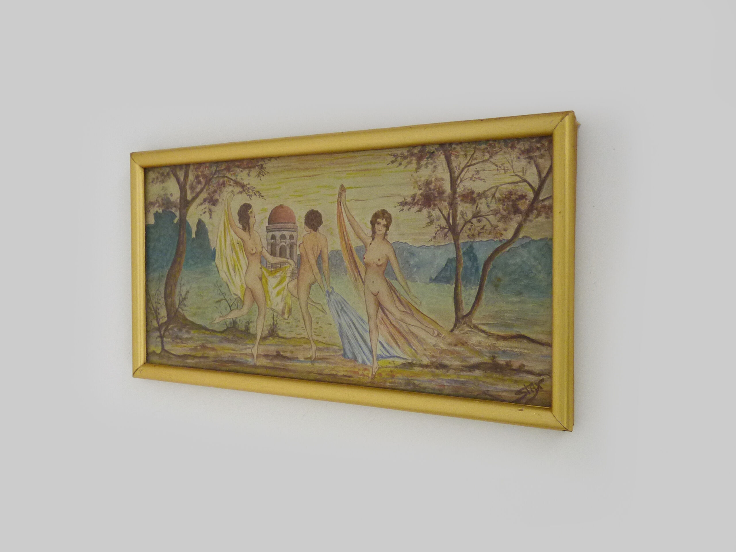 Mixed technical drawing 3 women dancing naked, 3 women in the bath. Signed. Year 20 30