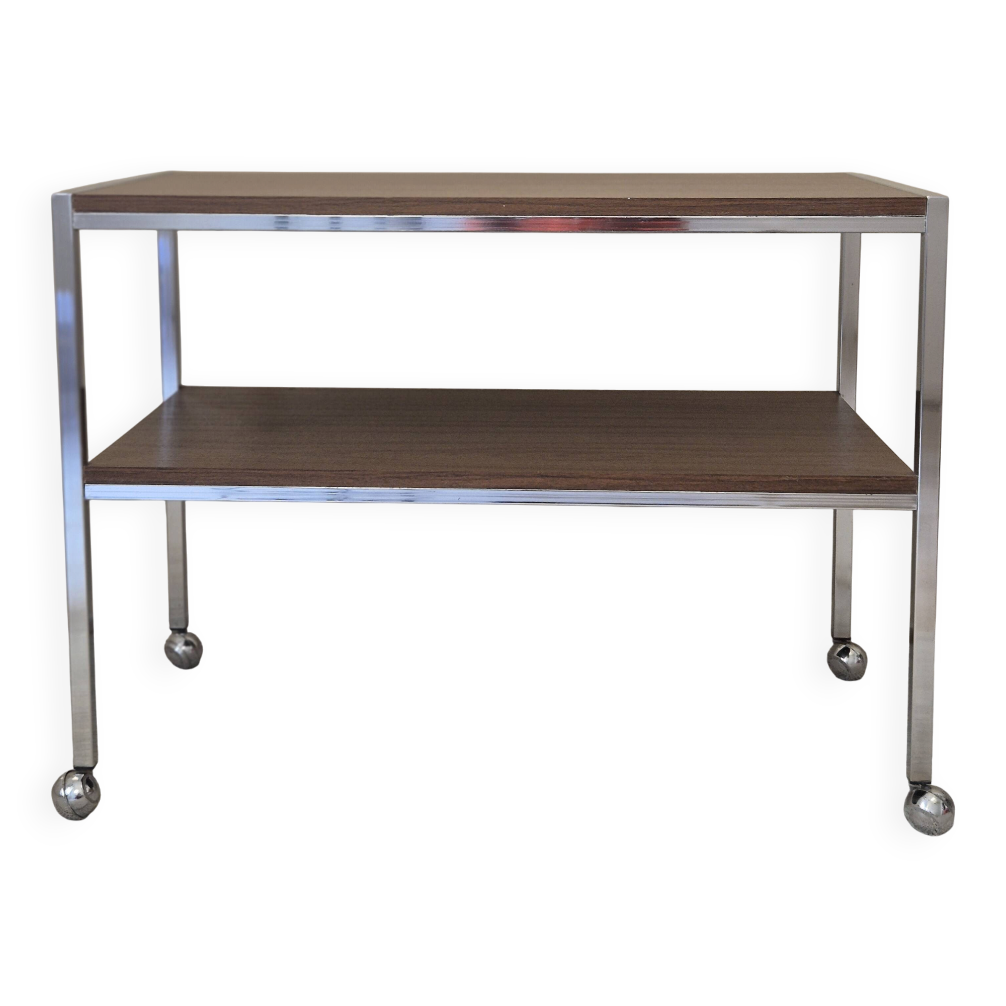 Vintage chrome metal and wood rolling dessert trolley from the 70s-80s.