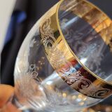 6 old wine glasses in engraved crystal and gold