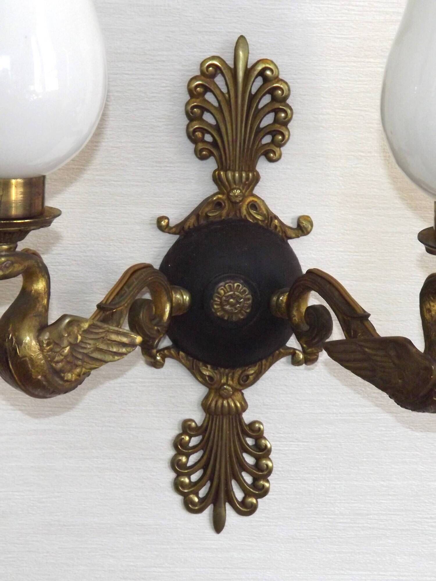 Pair Of Lucien Gau Style Double Swan Wall Lights With Opaque Glass Shades