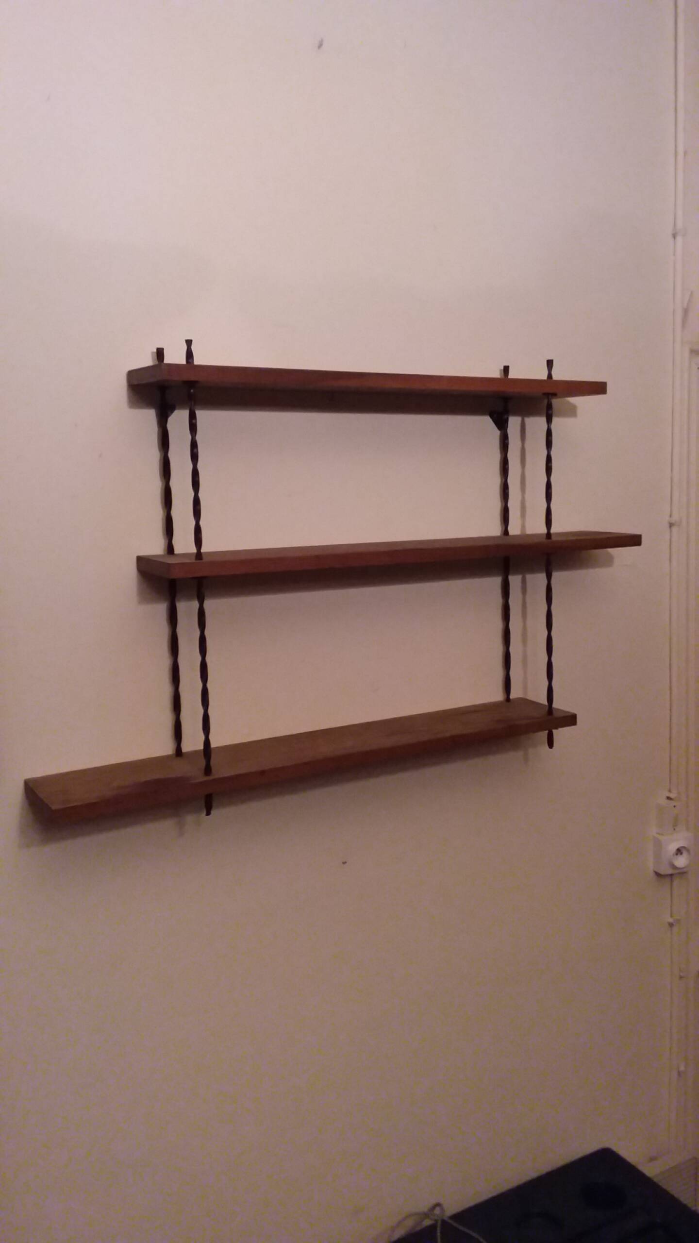 Vintage asymmetrical wall shelf in solid oak and metal from the 60s