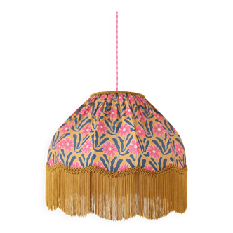 Vintage pendant light, low rounded dome, floral print with fringes