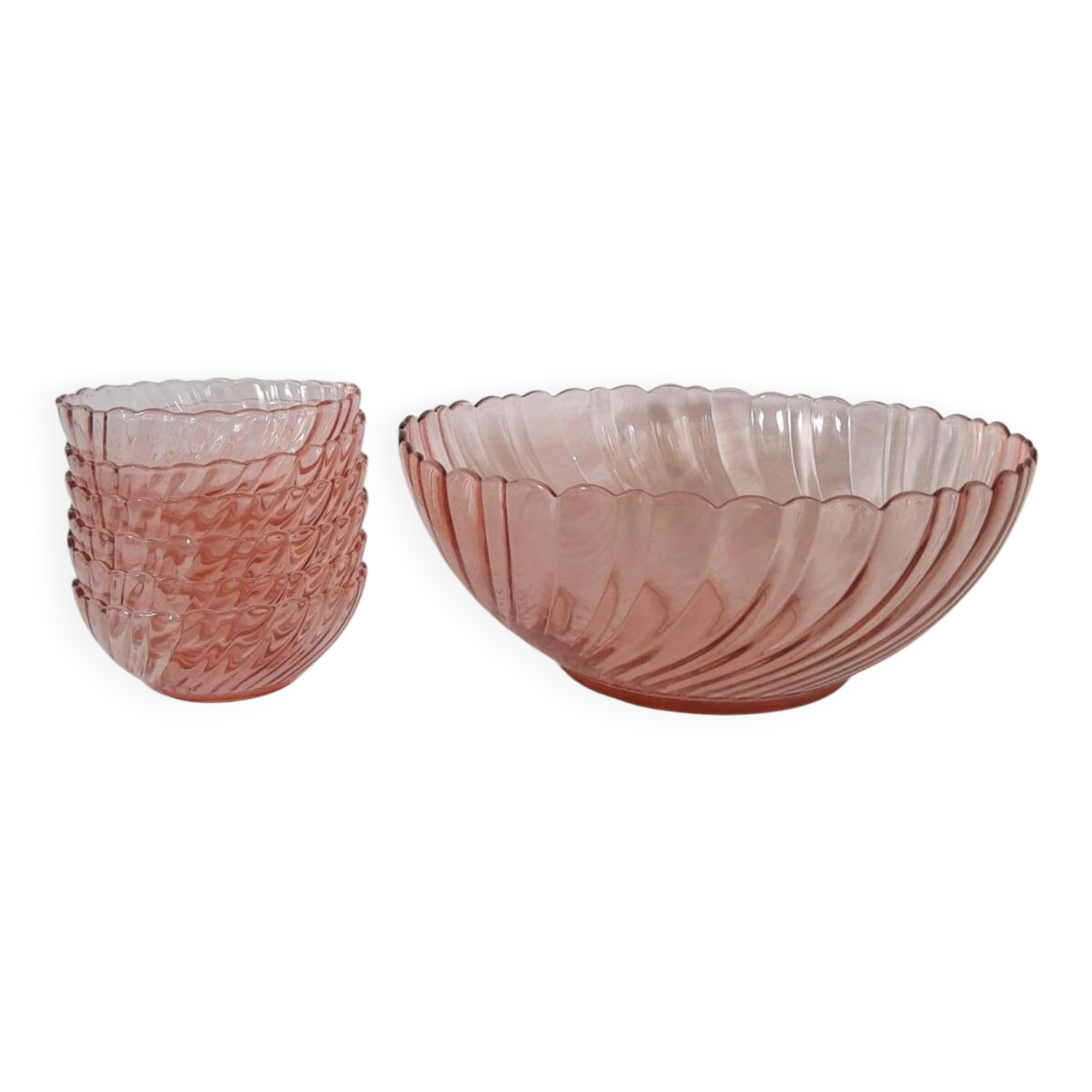 Set of salad bowls and 6 twisted glass bowls Rosaline Arcoroc vintage