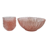 Ensemble saladier et 6 coupelles verre torsadé rosaline Arcoroc vintage