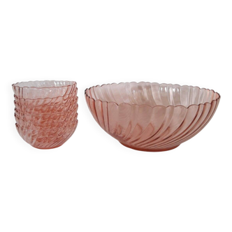 Ensemble saladier et 6 coupelles verre torsadé rosaline Arcoroc vintage