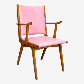 Vintage Italian wood accent chair in pink leatherette. Italy 1950s