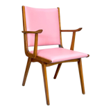 Vintage Italian wood accent chair in pink leatherette. Italy 1950s