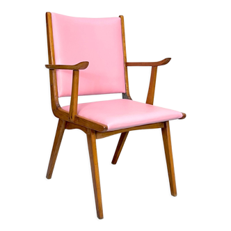 Vintage Italian wood accent chair in pink leatherette. Italy 1950s