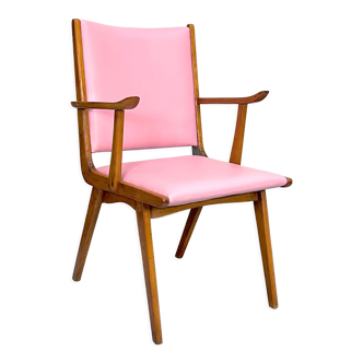 Chaise d’appoint en bois italien vintage en similicuir rose. Italie des années 1950