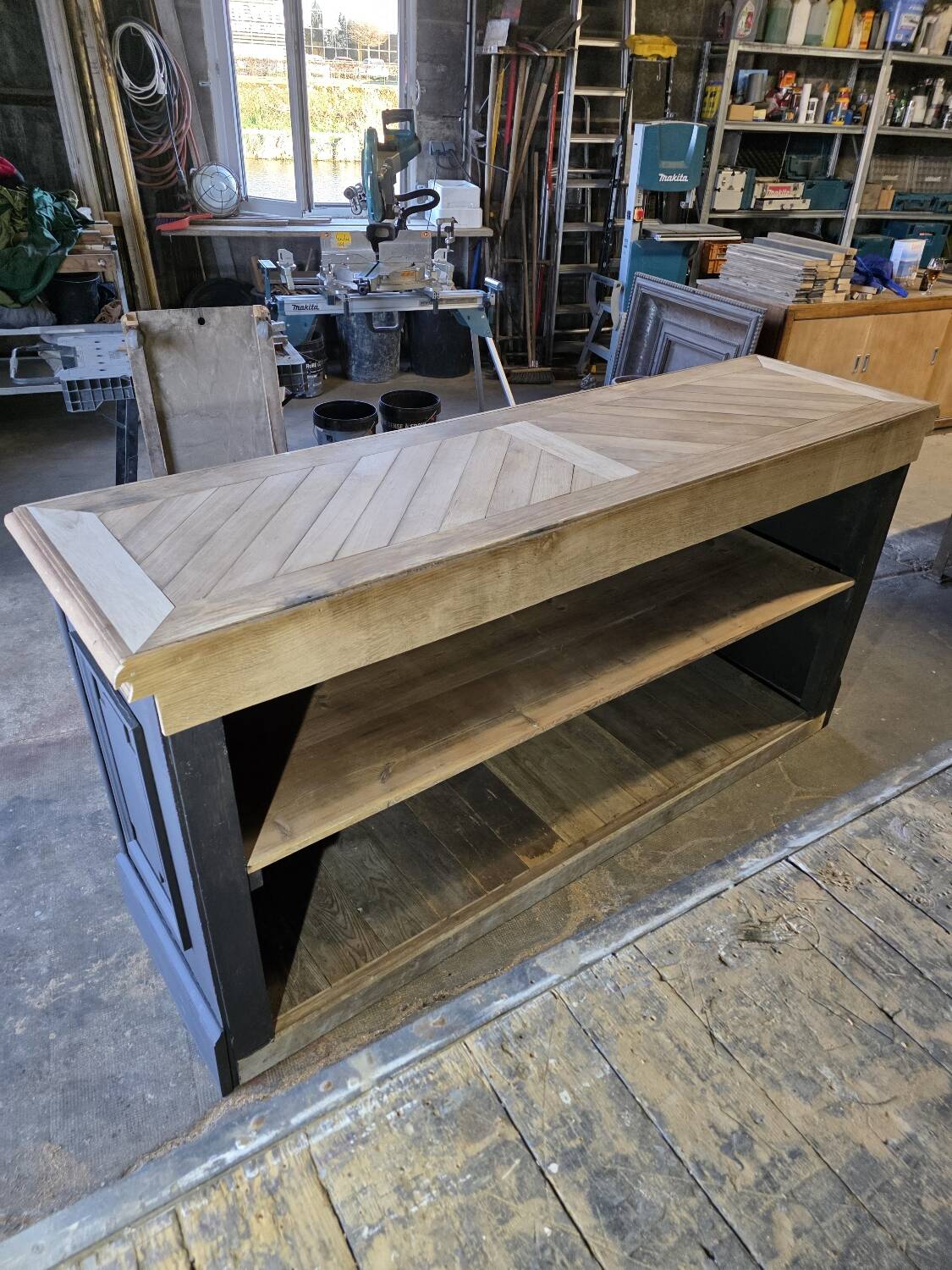 Chevron-patterned oak workbench