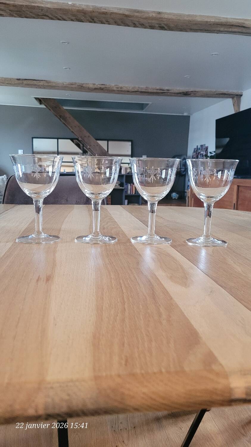 4 antique engraved glass goblets