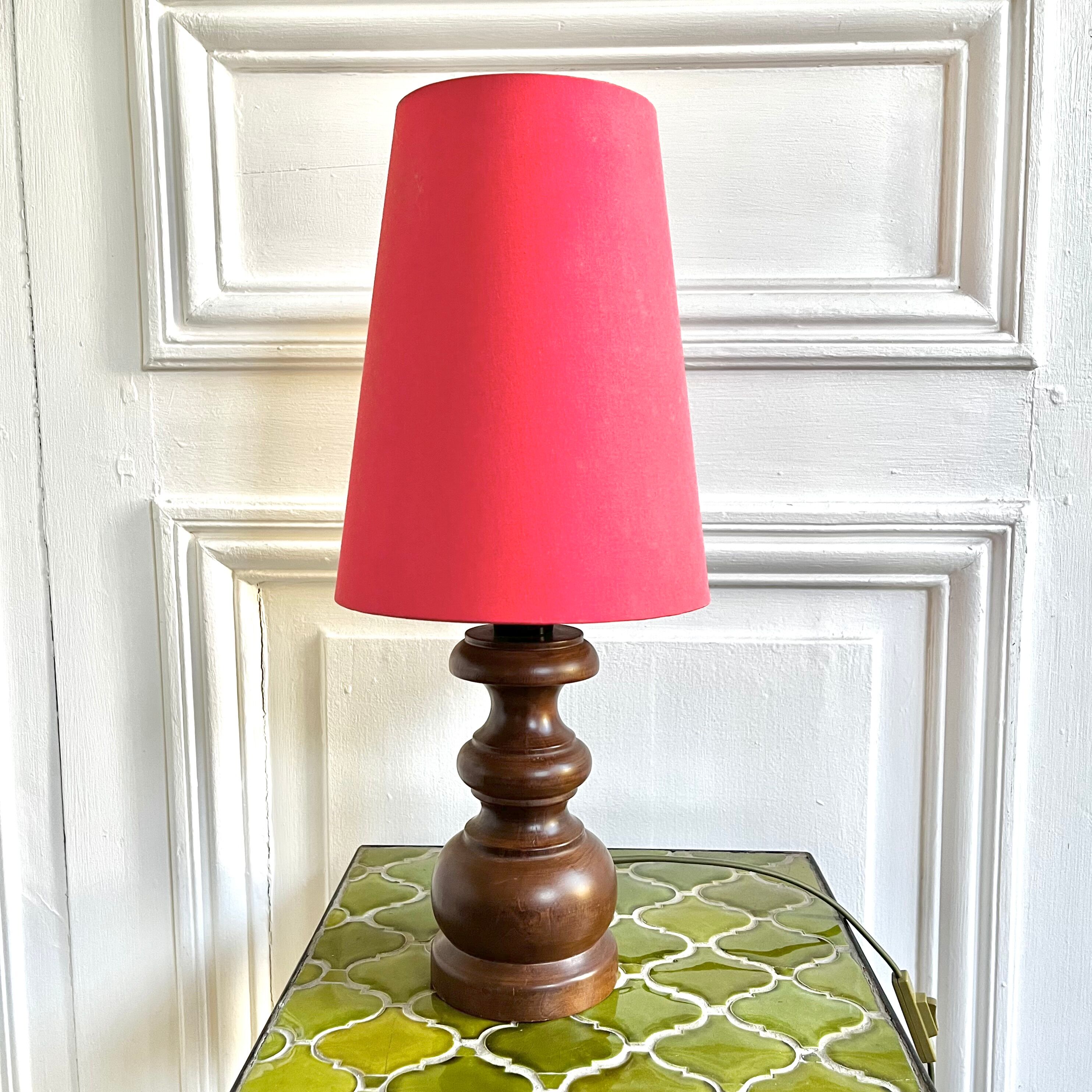 Turned wood lamp with vintage cone shade