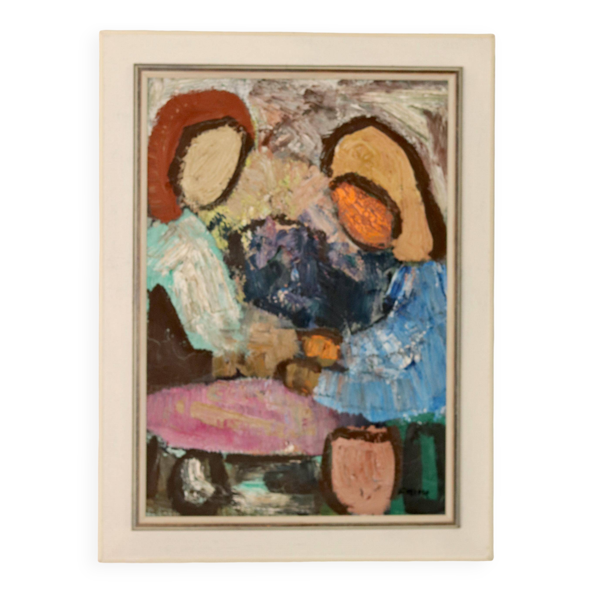 Grande peinture à l'huile moderniste suédoise « Mère et fille » par Gösta Falck vers 1960 - Vintage et encadrée