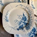 6 dessert plates Gien in blue ironstone, "Birds" service circa 1870 no. 2