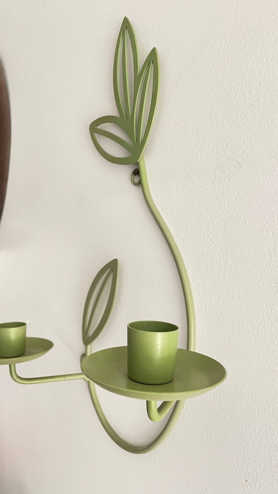 Wall Candle Holder, Green Metal Leaves