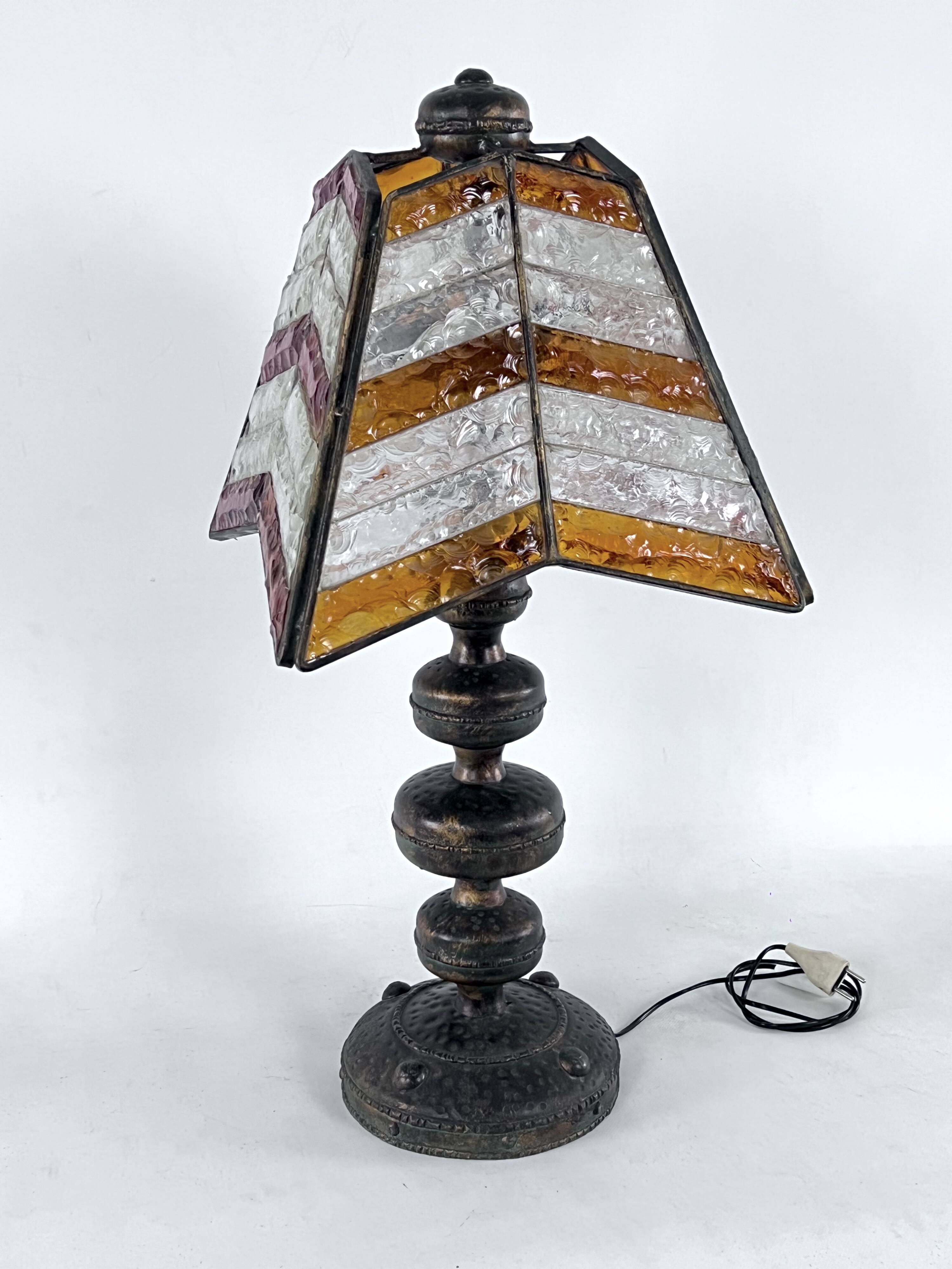 Monumental brutalist thick glass and metal table lamp by Longobard. Italy 1