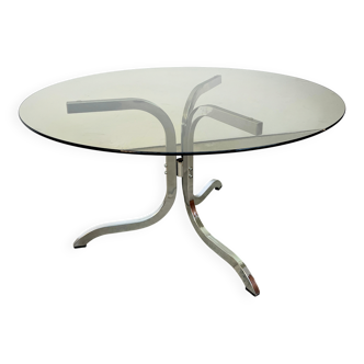 Round Coffee Table 70s Design – Chrome Strips & Smoked Glass