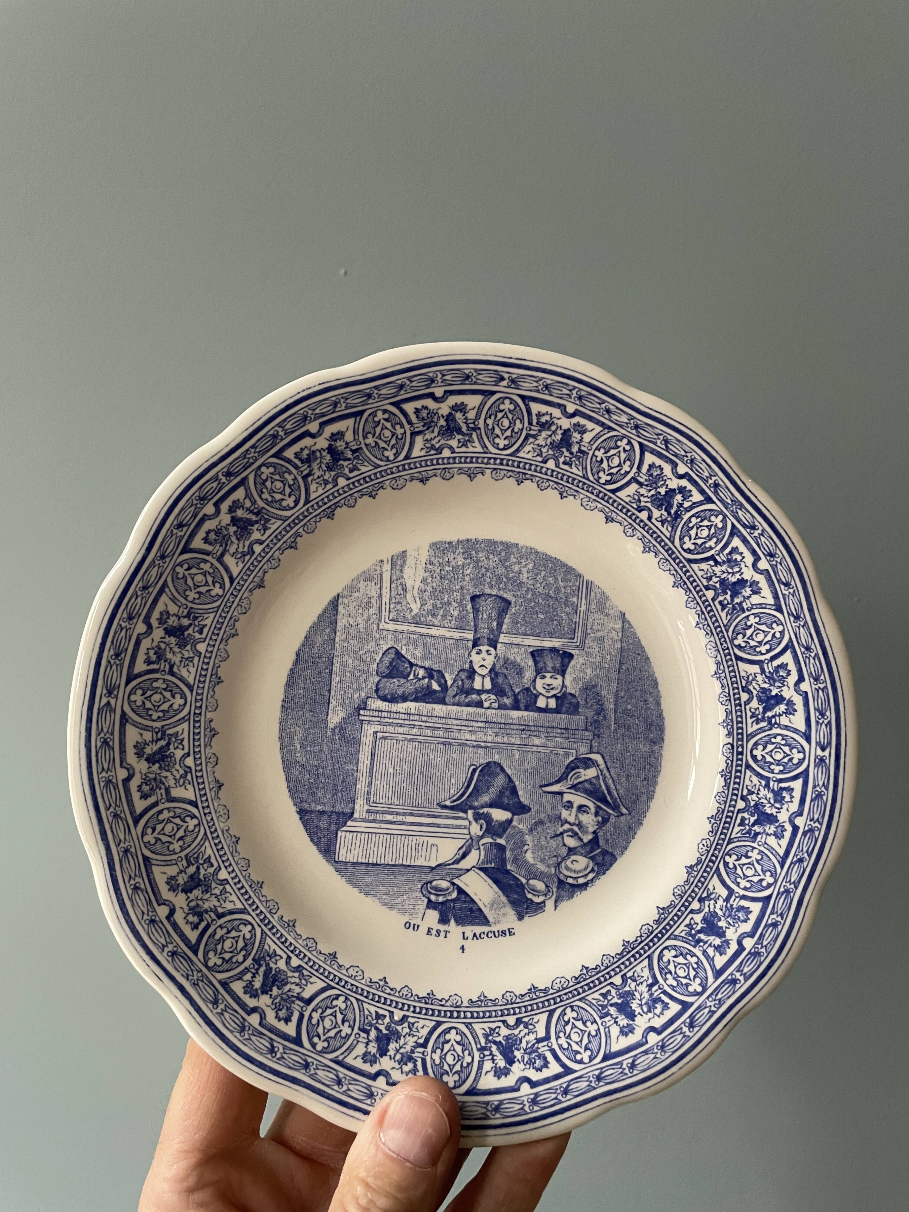 Complete set of 12 talking plates in Gien earthenware