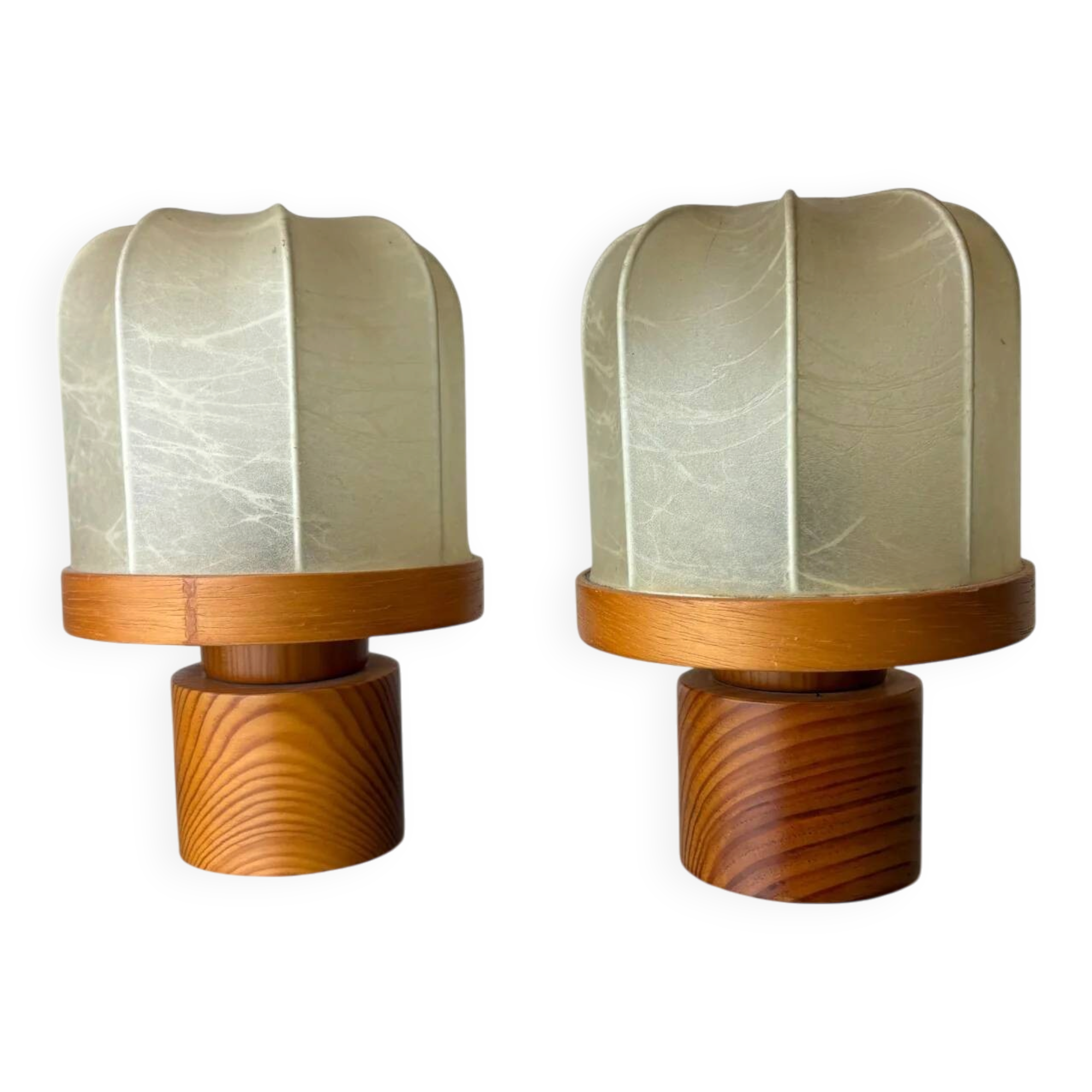 Pair of cocoon table lamps with pine, Italy, 1970s