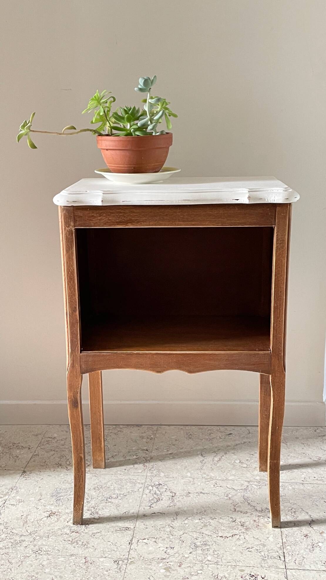 Vintage wood and white bedside table