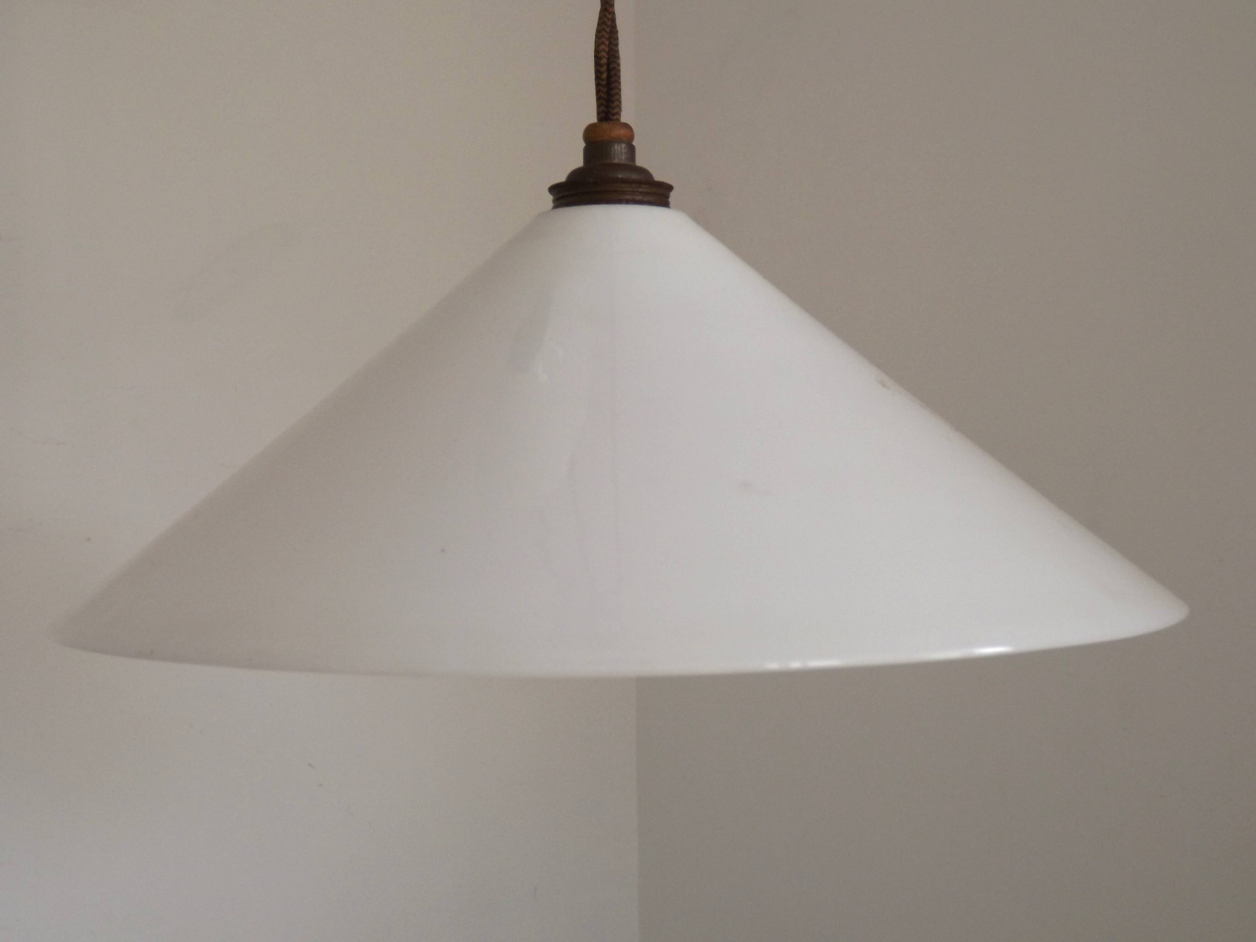 Vintage French Rise & Fall Counterbalance Ceiling Light Opaline Glass Shade