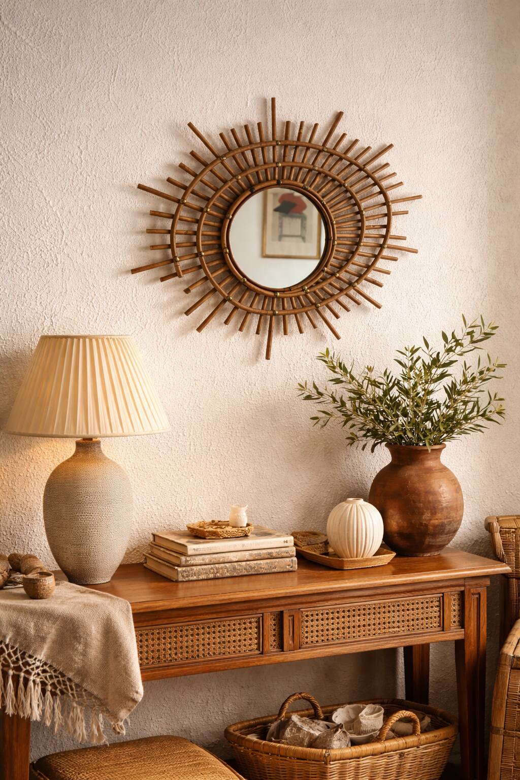 Vintage 1960s sun mirror, rattan, ORTF style, spiral eye - 66 x 50 cm