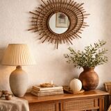 Vintage 1960s sun mirror, rattan, ORTF style, spiral eye - 66 x 50 cm
