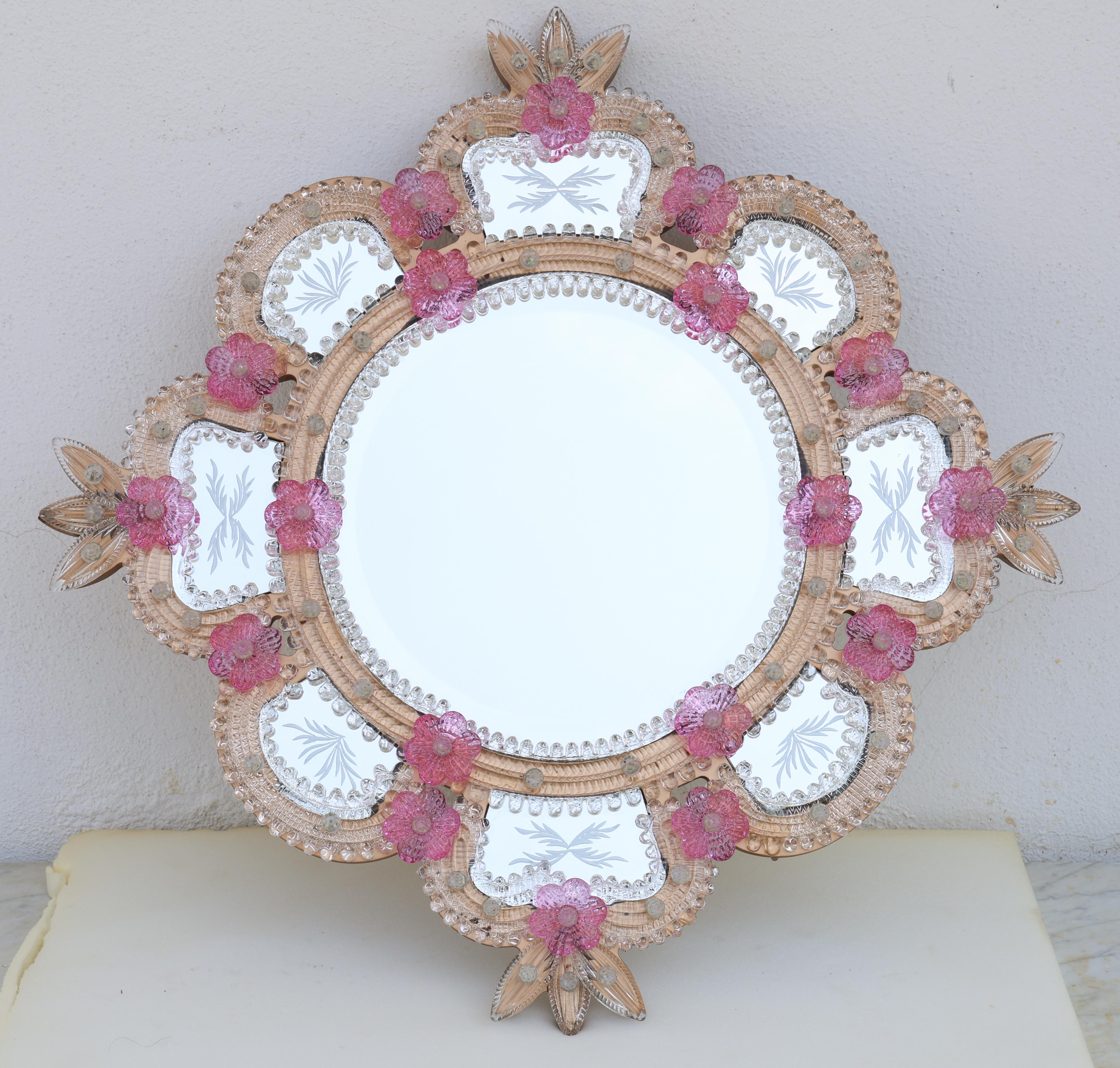 Exceptional Vintage Pink Murano Glass Wall Mirror