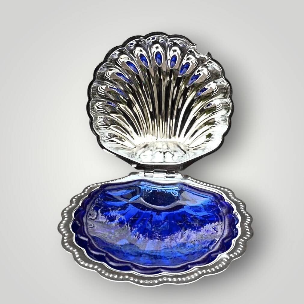 Vintage shell butter dish in stainless steel and cobalt blue glass