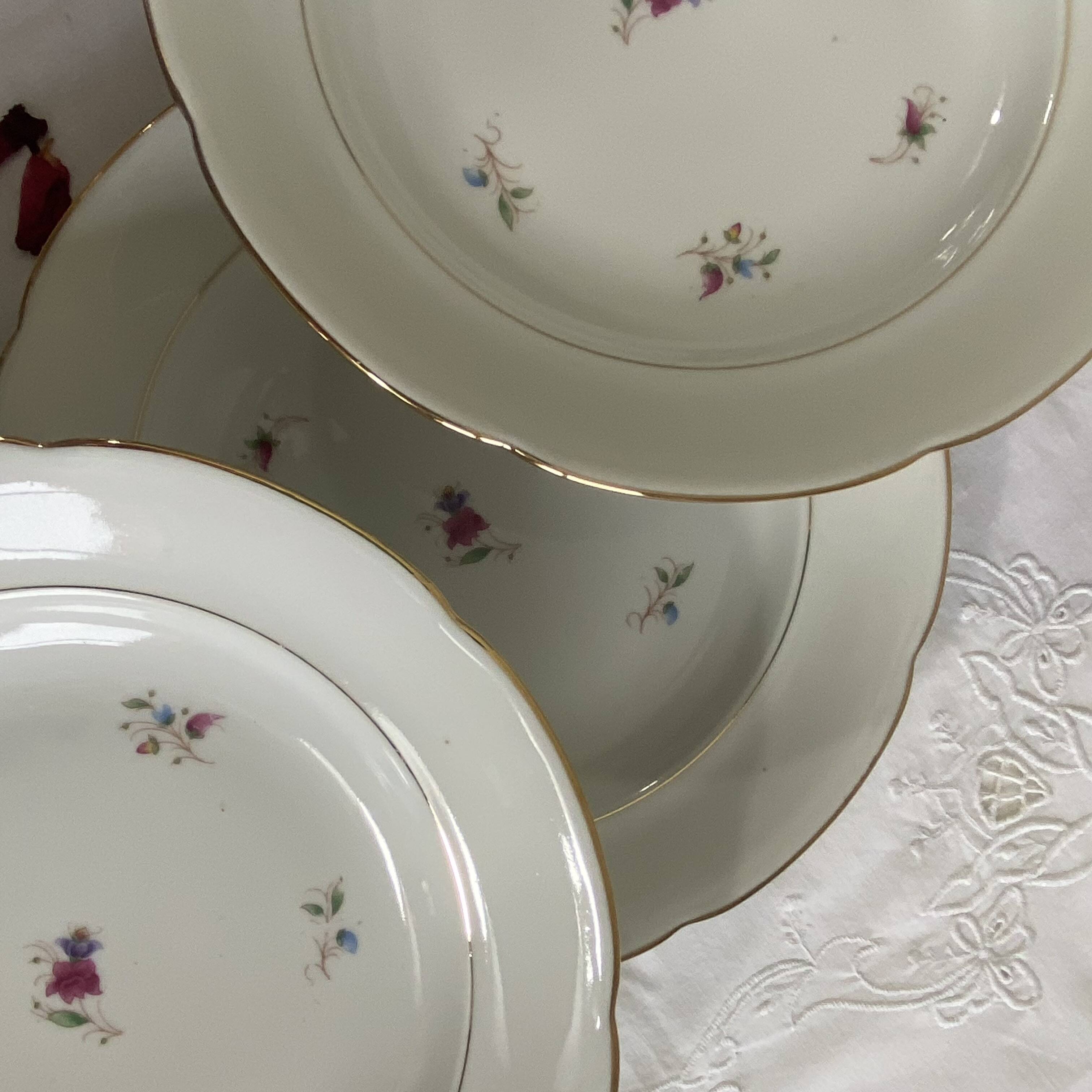 6 deep plates, antique porcelain with flowers and gilding, P L Limoges.