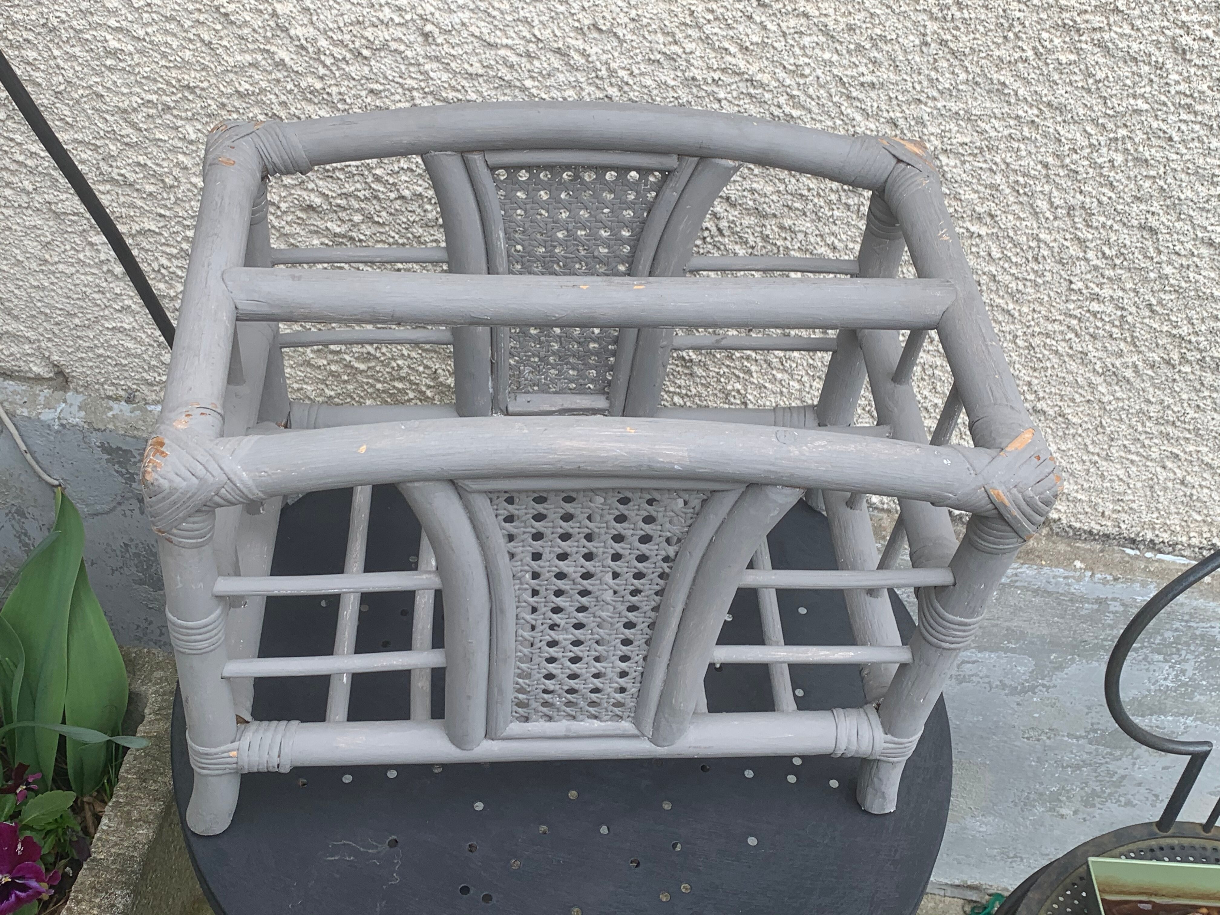 Bamboo and rattan magazine holder, vintage grey canning