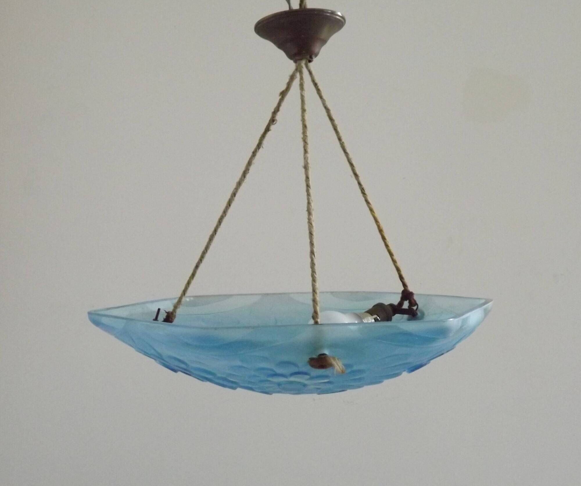 French Art Deco Degué Ice Blue Hexagonal Glass Pendant Ceiling Light