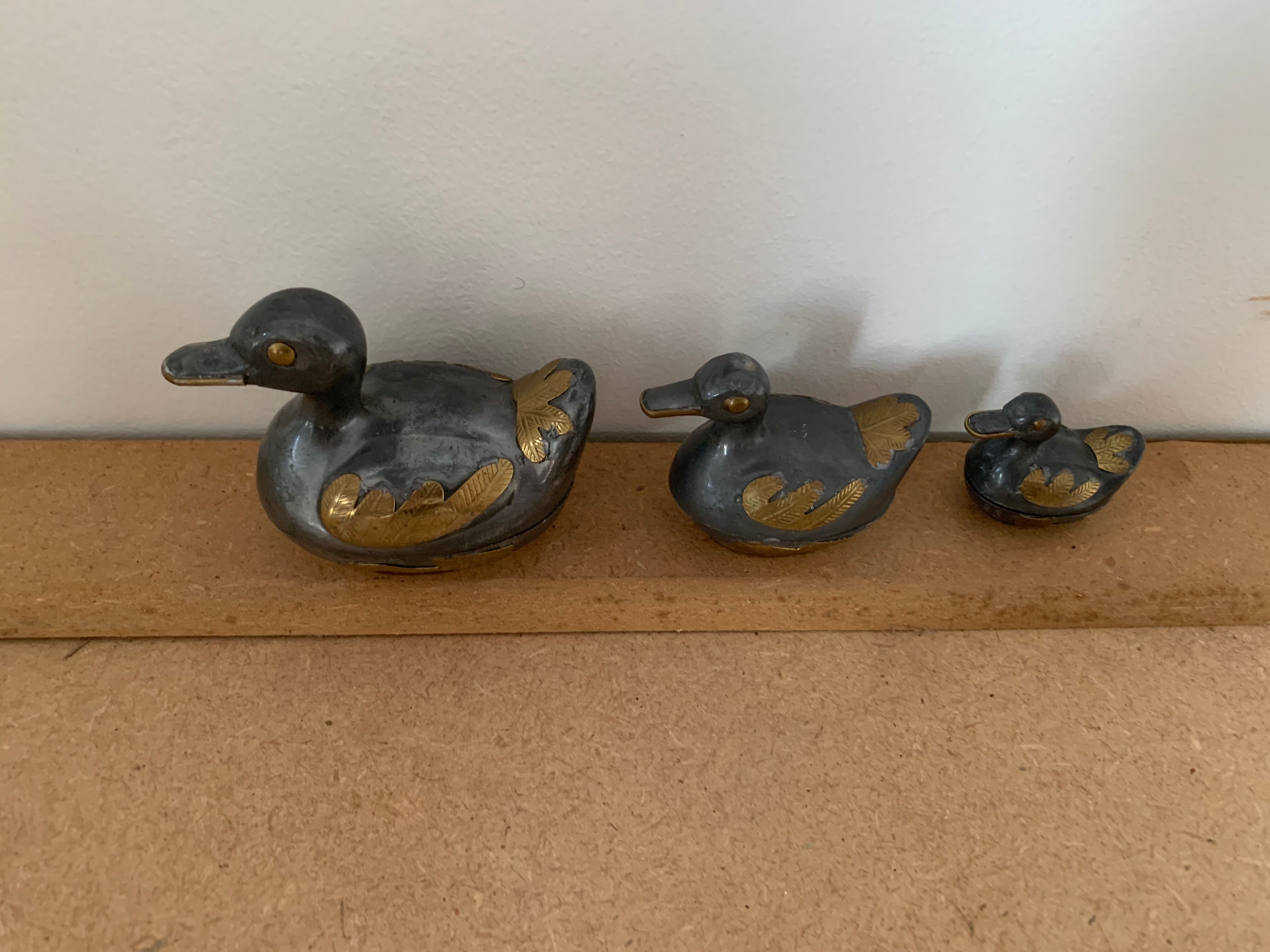 Set of 3 antique tin and brass ducks