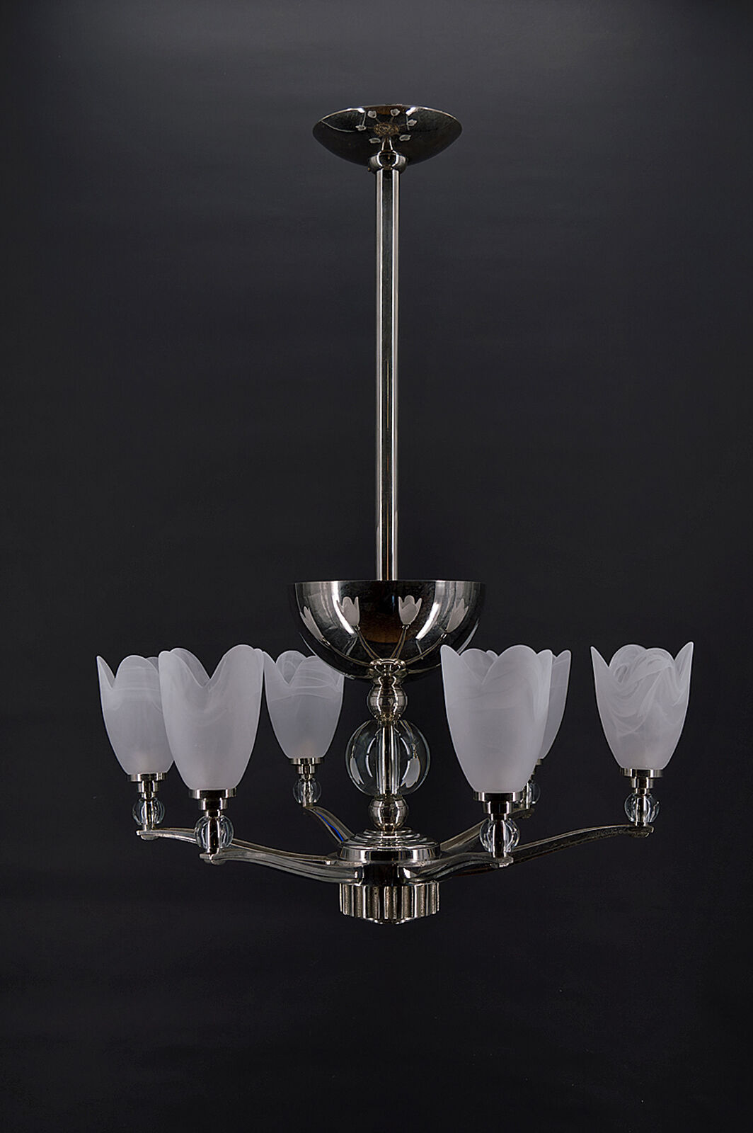 6-spoke Art Deco Modernist chrome chandelier, France, circa 1930