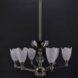Lustre chromé Art Deco Moderniste à 6 branches, France, circa 1930