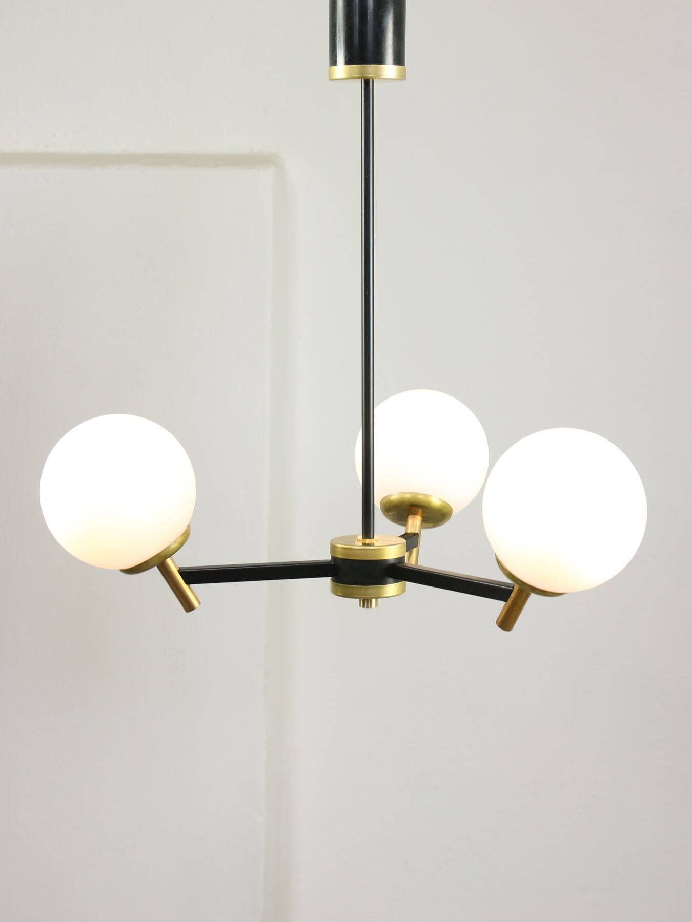 Mid-century italian brass and opaline chandelier