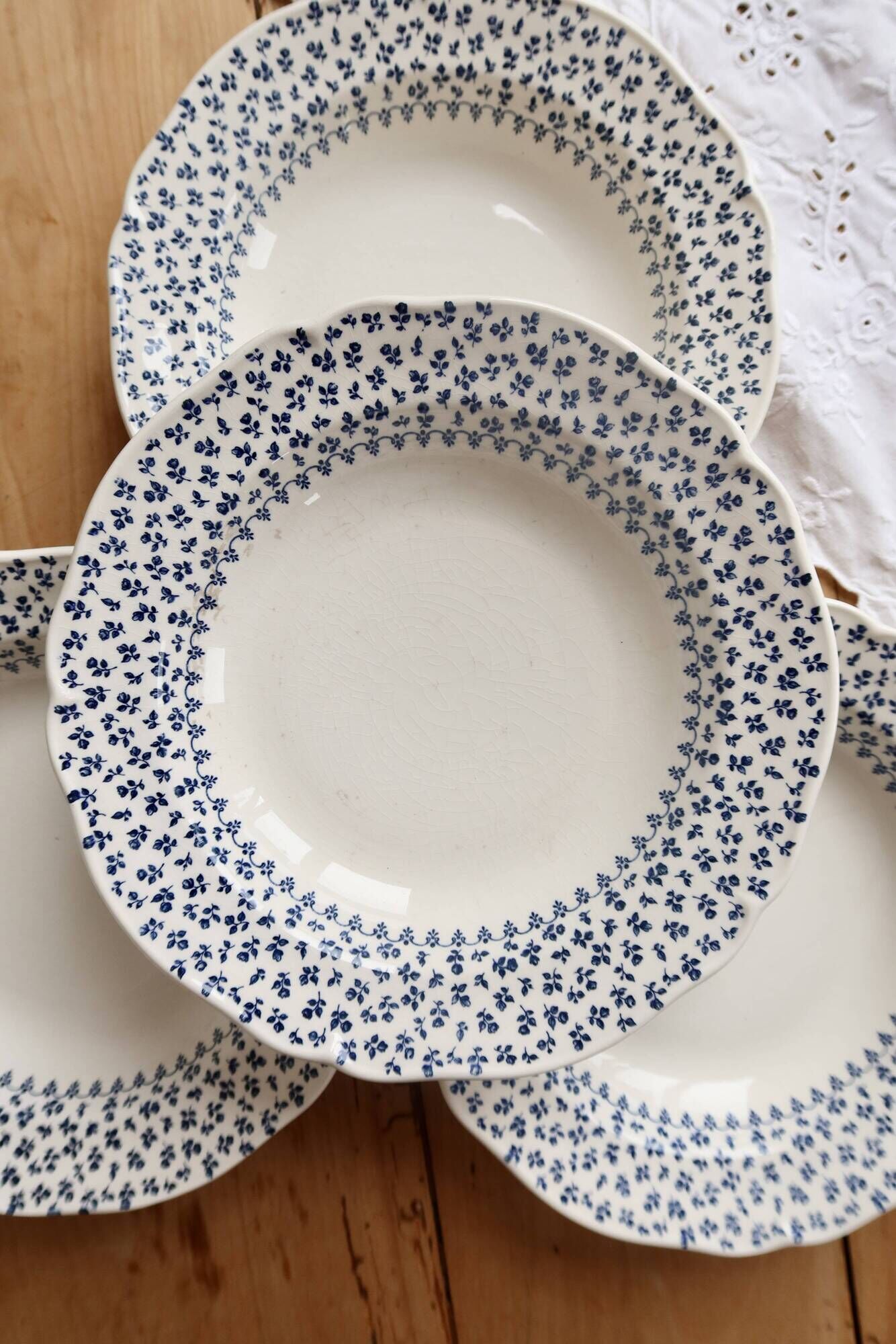 4 vintage Gien deep plates – Ivory earthenware with blue flowers