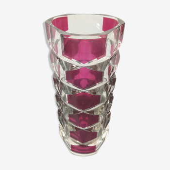 Vase design verre transparent & rouge made in France vintage