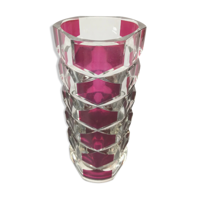 Vase design verre transparent & rouge made in France vintage