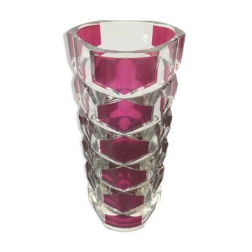 Vase design verre transparent & rouge made in France vintage