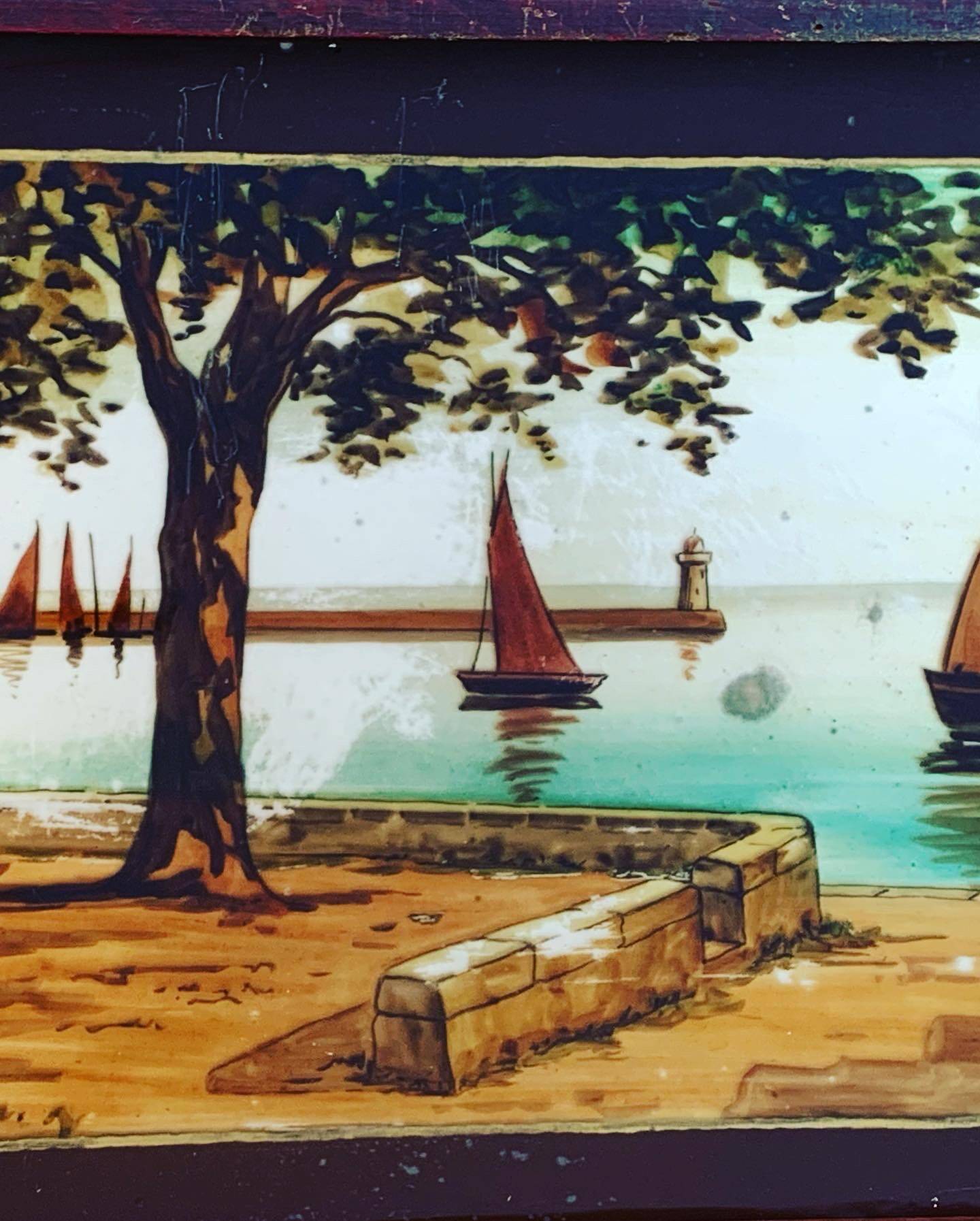 Marine painting, fixed on glass, signed P. Alix, art deco, old