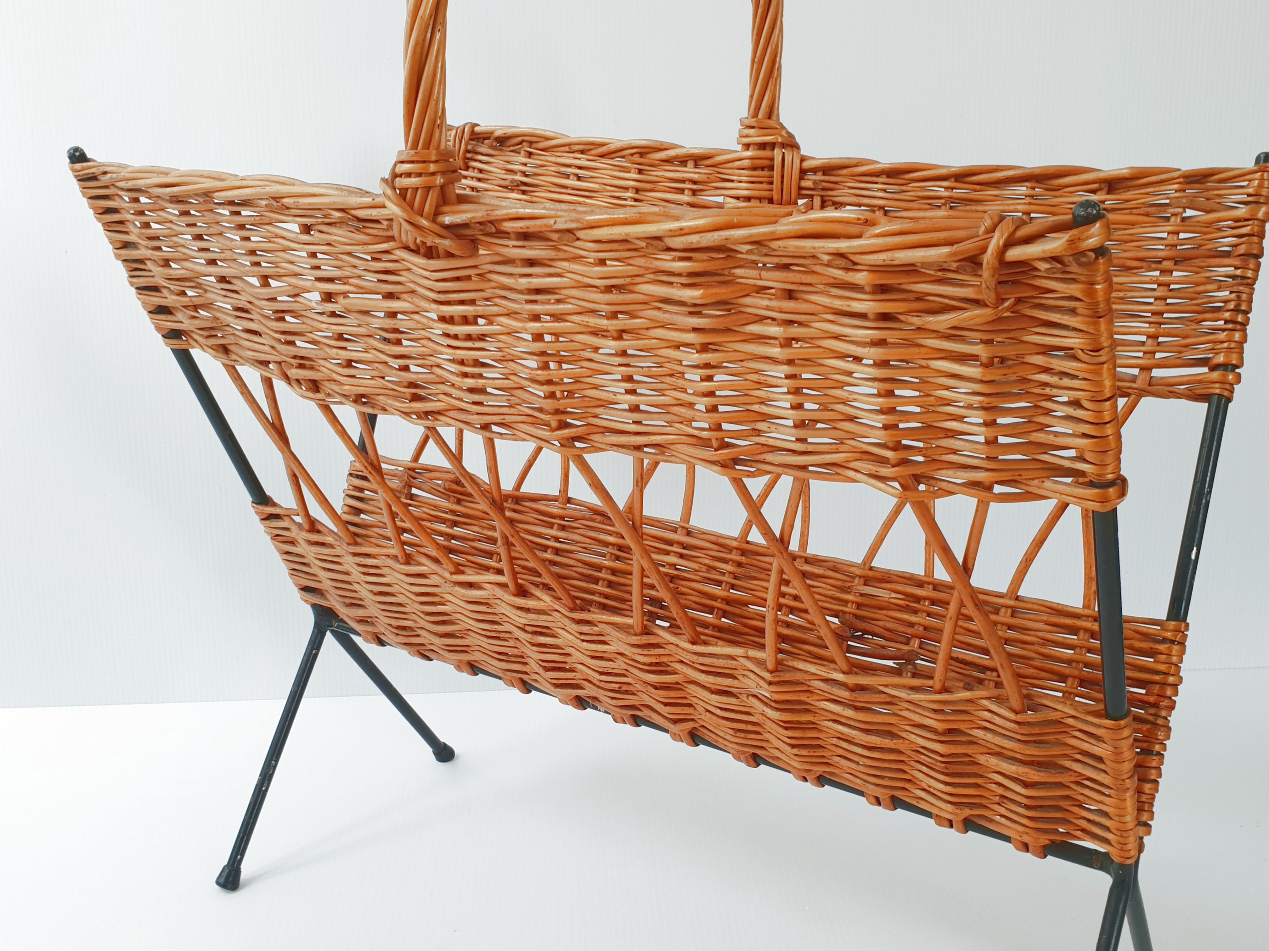 Rattan magazine holders - vintage steel