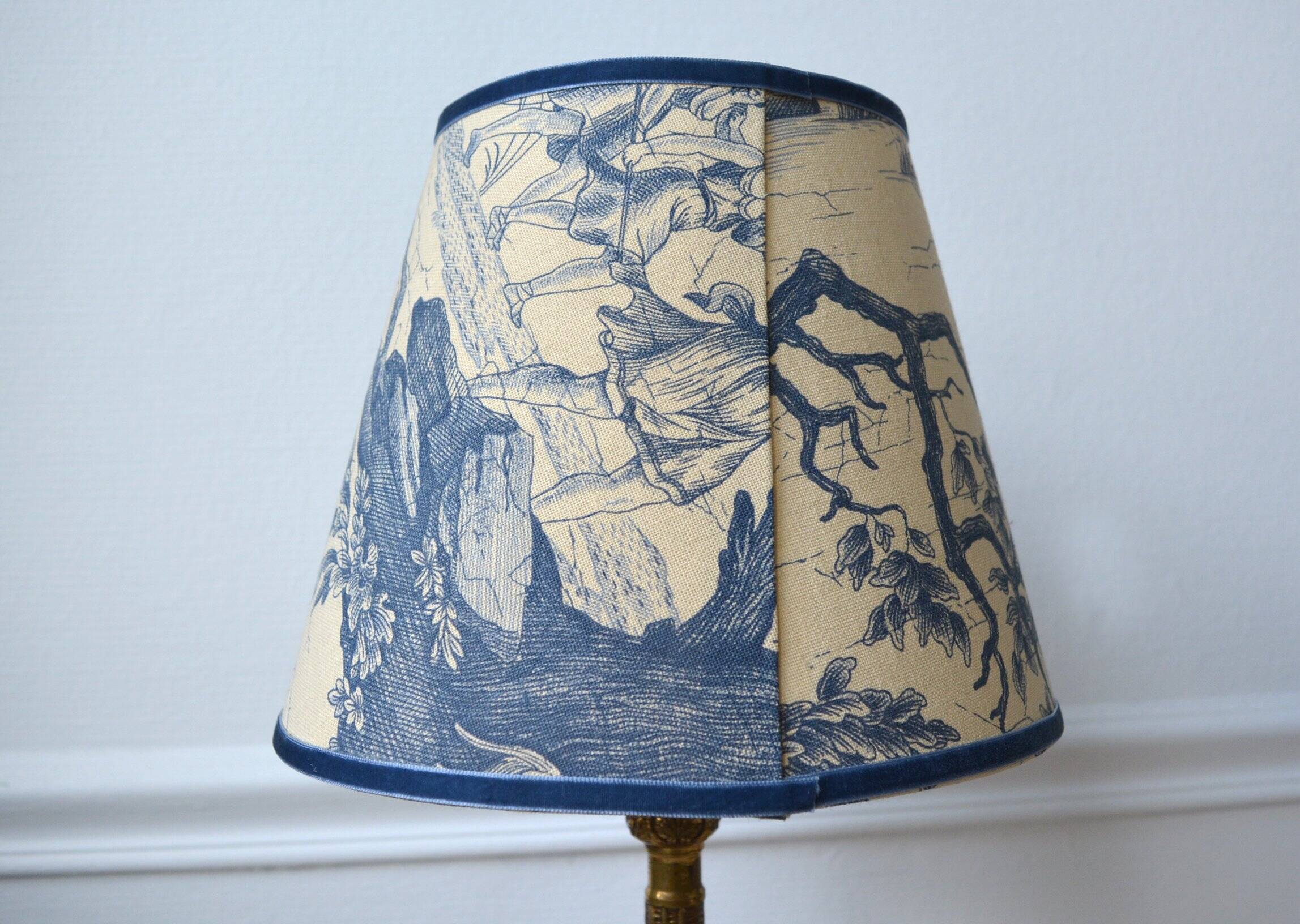 Jouy fabric lampshade, blue foliage pattern