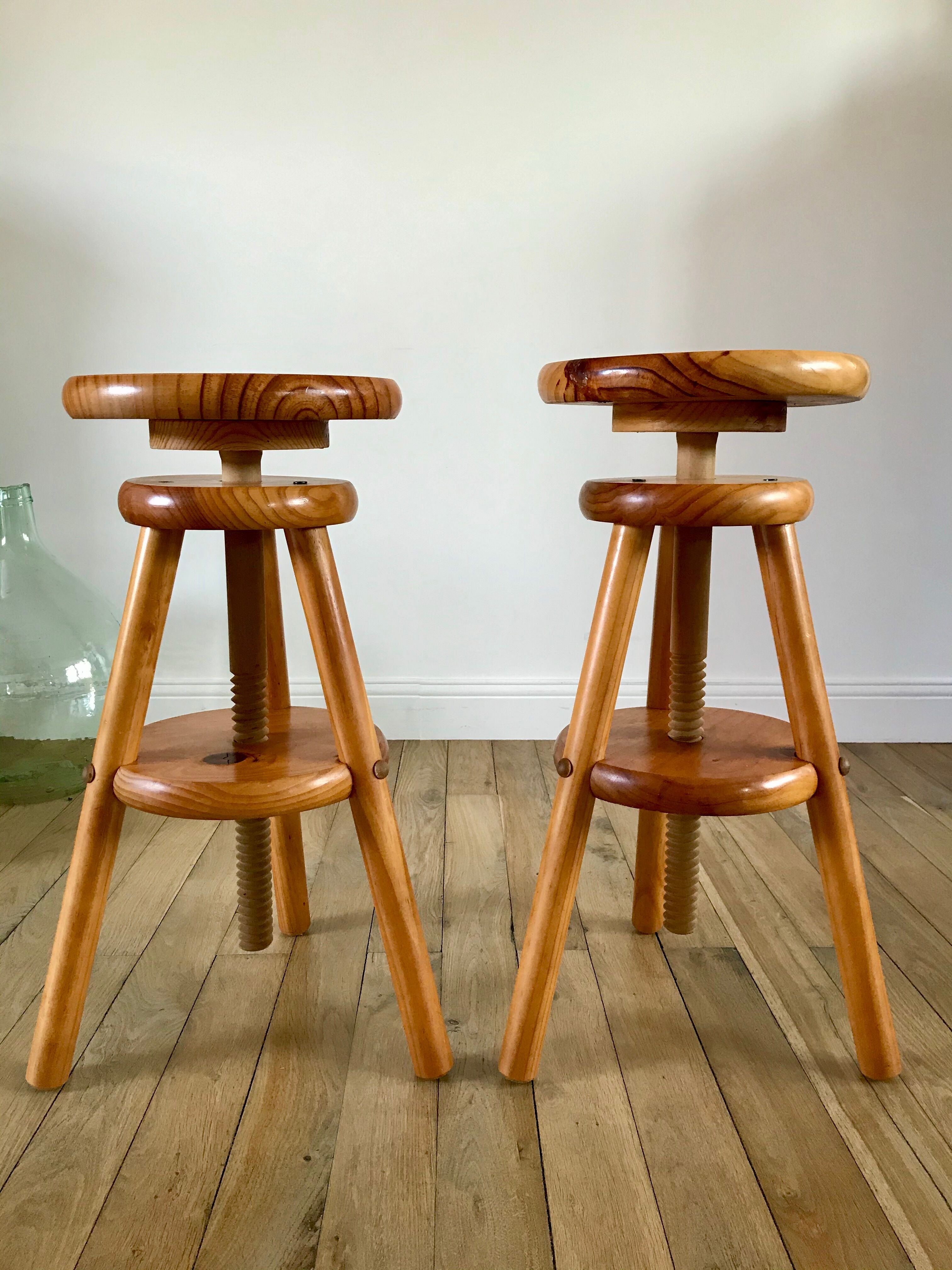 pair of adjustable architect stools pine style 60s