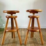 paire de tabourets d'architectes réglables en pin années 60