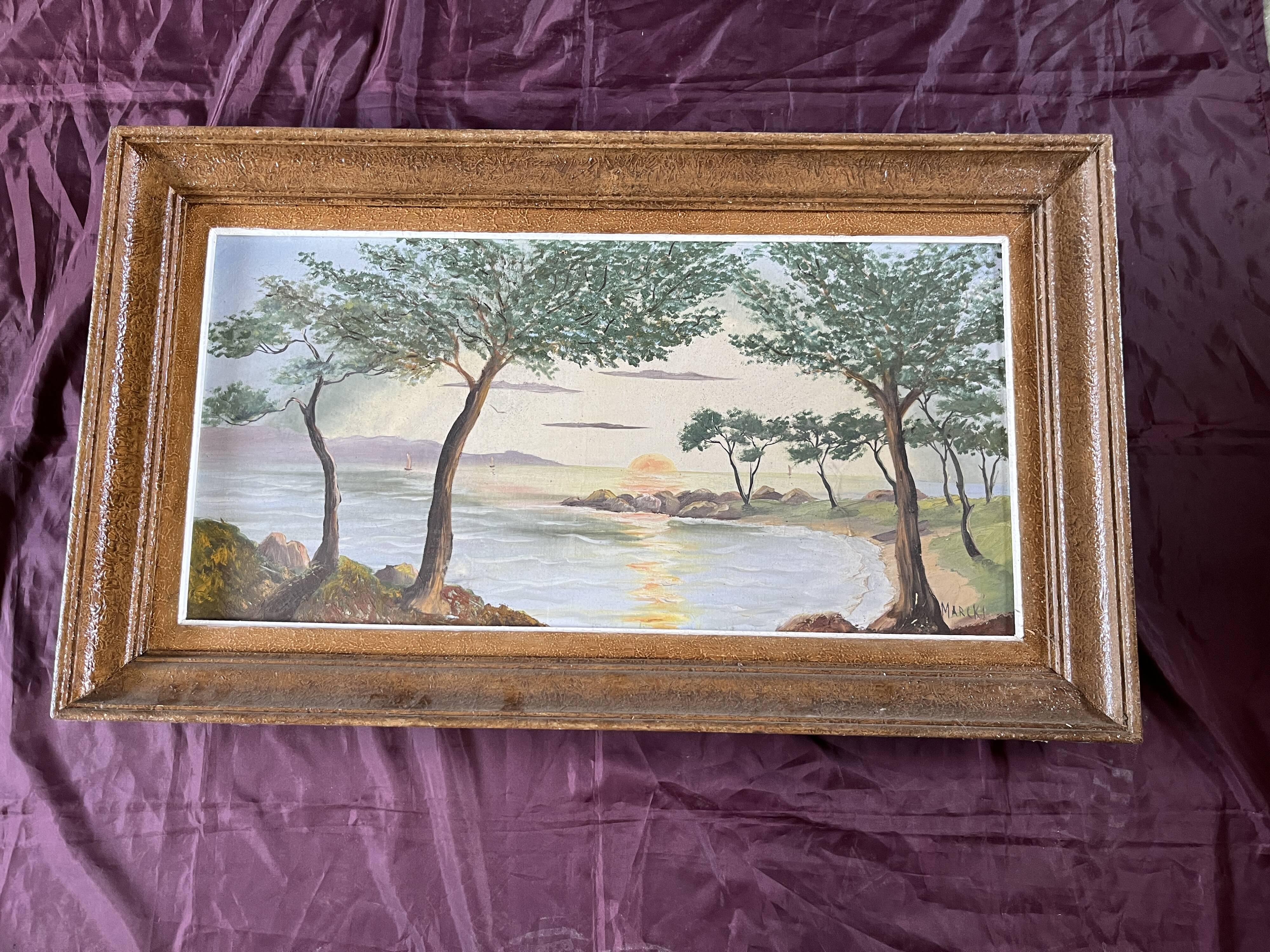 Vintage seascape painting at sunset, signed Marcki